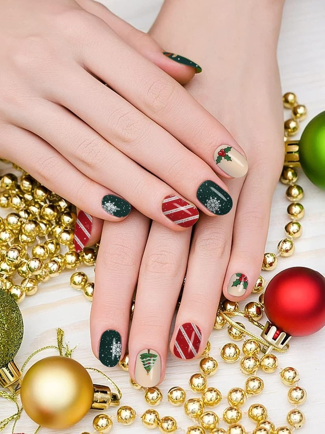 Kalolary Christmas Semi Cured Gel Nail Strips, Christmas Tree Full Wraps Stickers, Santa Claus Elk Real Gel Nail Polish Wraps New Year Nail Art Design for Women Girl - Black image number 4
