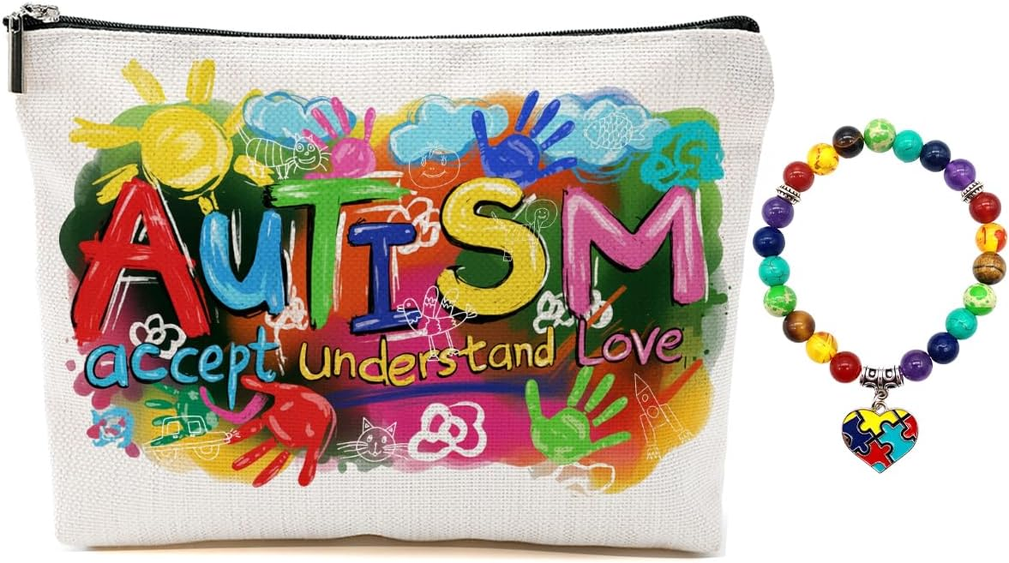 Autism Colorful Painting Makeup Bag for Women Teacher Mom, Large Capacity Makeup Pouch Travel Organizer Toiletry Cosmetic Bag, Autistic Puzzle Elastic Natural Stone Beaded Bracelet, Gifts for Women image number 1