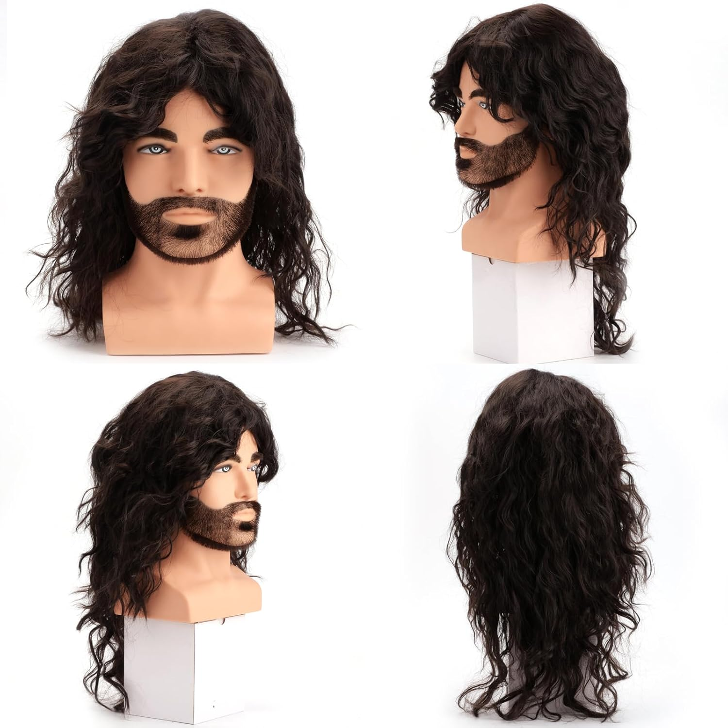 Black 80S Outfit for Men|Synthetic Curly Mens Wig|Long Rocker Wig for Men|Mens Wig for Party (Brown) - Black image number 3