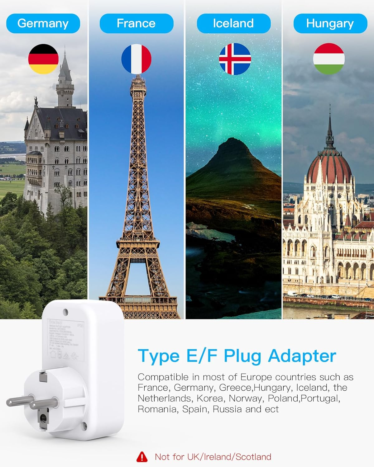 AU to EU Travel Adapter, Type E/F International Power Adapter with 4 USB(2 USB C), European Travel Accessories, European Travel Plug Adapter for Bali Germany Spain France Greece Netherlands Turkey image number 6