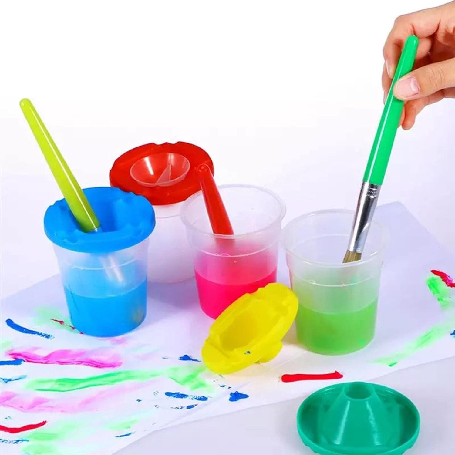 10 Pieces Spill Proof Paint Cups with Paint Brushes with Lids for Kids Toddler Painting Tools Brushes for Watercolor, Tempera, Washable, Acrylic, Crafts image number 3