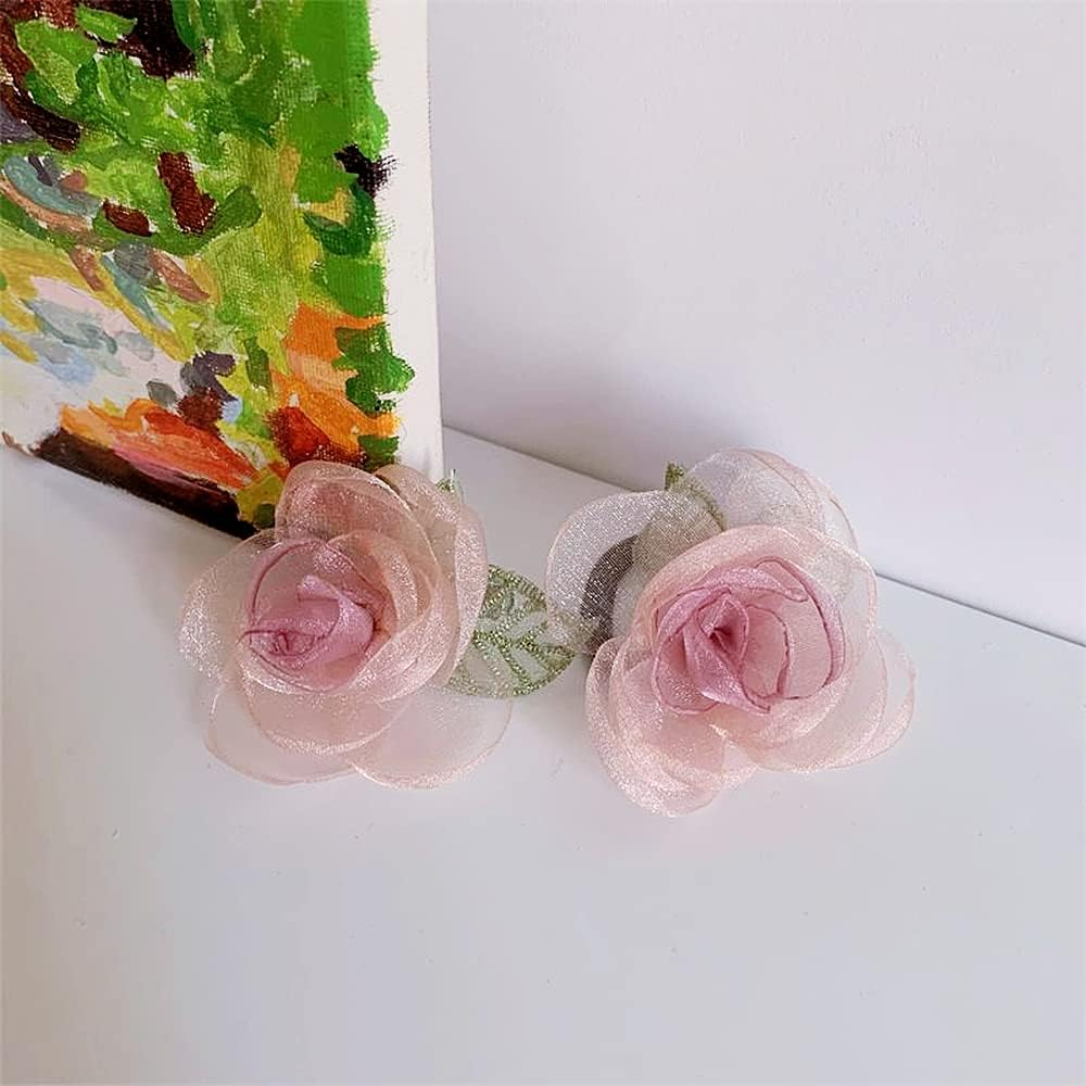 Hair Clips, Pink Flower Barrettes Hair Accessories for Women Girls Kids, Set of 2 Elegant Handmade Organza Camellia Headwear Wedding Styling Tools for Party Wedding Daily - Champagne image number 3