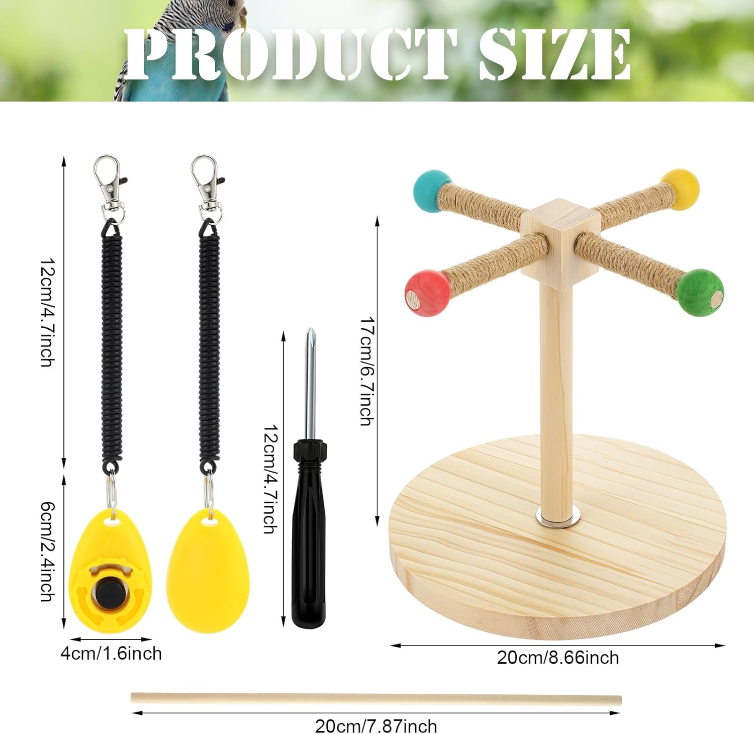 Cunno 3 Pcs Bird Training Stand Kit, Parrot Training Clicker Portable Tabletop Bird Perch and Target Stick, Wooden Spin Perch Clickers with Wrist Strap for Parakeet Conure Lovebird Cockatiel (Spin) image number 5