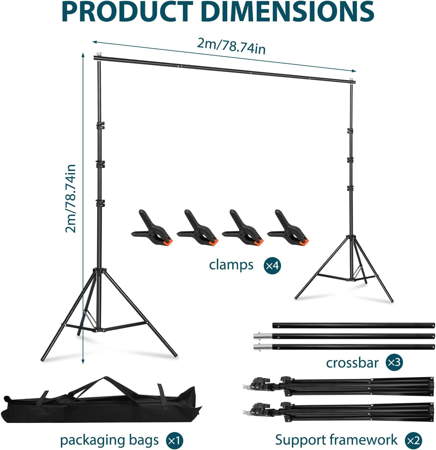 Backdrop Stand, Adjustable Photo Backdrop Stand Kit, 2 X 2M, Photography Backdrop Stand, Portable and Easy to Install, Suitable for Wedding Parties Background Portrait Photography image number 2