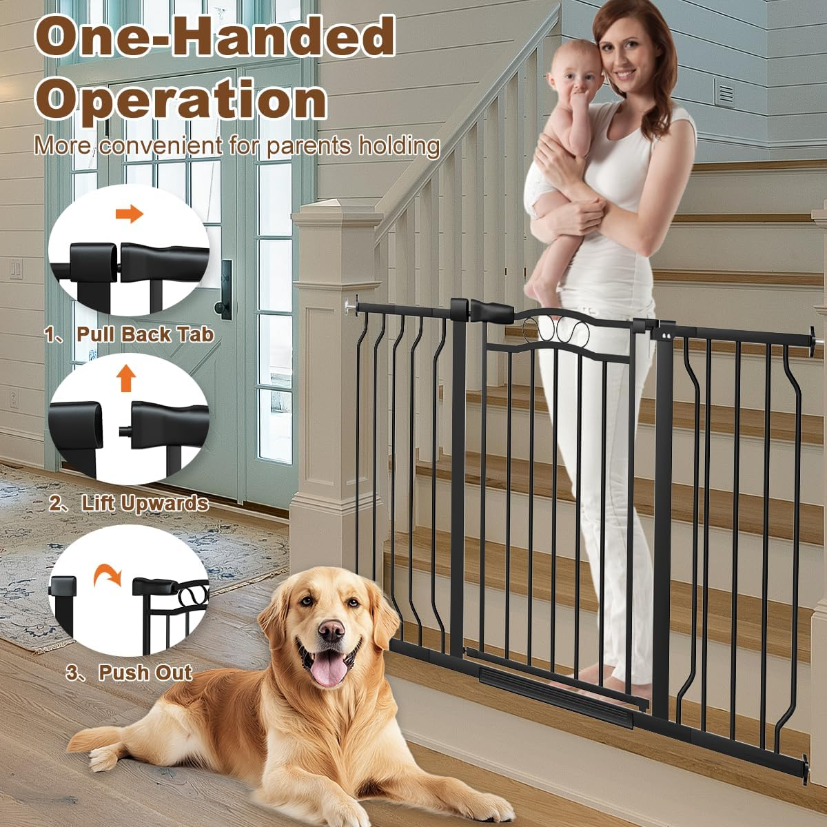 53.1-62.2" Extra Wide Baby Gate for Stairs No Drilling, 30" Tall Auto Close Press Mounted Baby Gate for Doorways, Adjustable Width Walk through Dog Gates for Doorways, Black image number 3