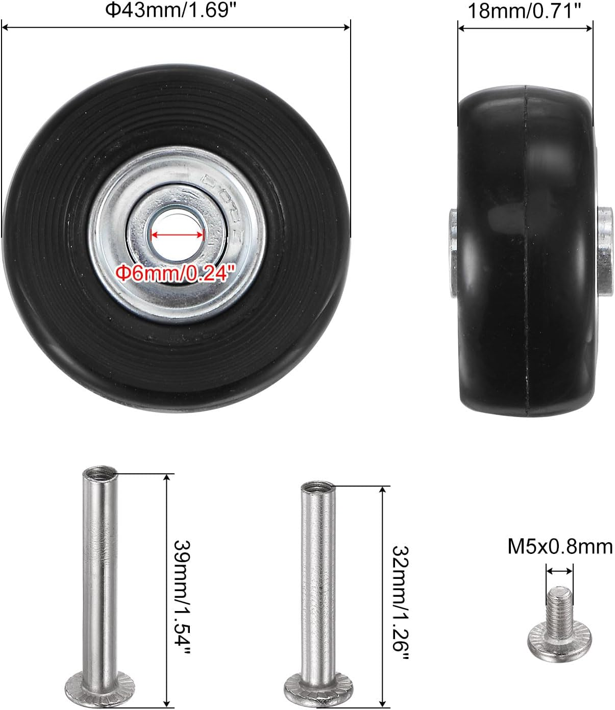 Uxcell Replacement Luggage Wheels 43X18Mm Suitcase Wheel Repair Kits Include 4 PU Bearing Wheels & Washers, Wrenches & Axle Screw for Trolley Bag, Inline Skate and Caster Board image number 4