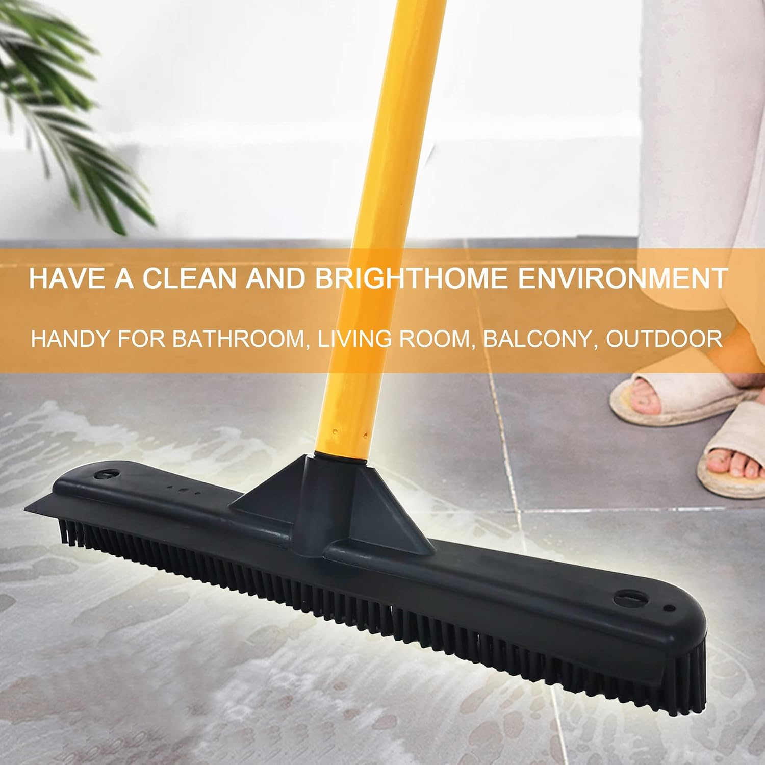 Push Broom,Pet Hair Removal Broom with Squeegee,Soft Silicone Bristle Broom with Long Handle,Non Scratch Carpet Sweeper Brush for Cat Dog Hair Hardwood(Orange) Extra Long for Tall People image number 6