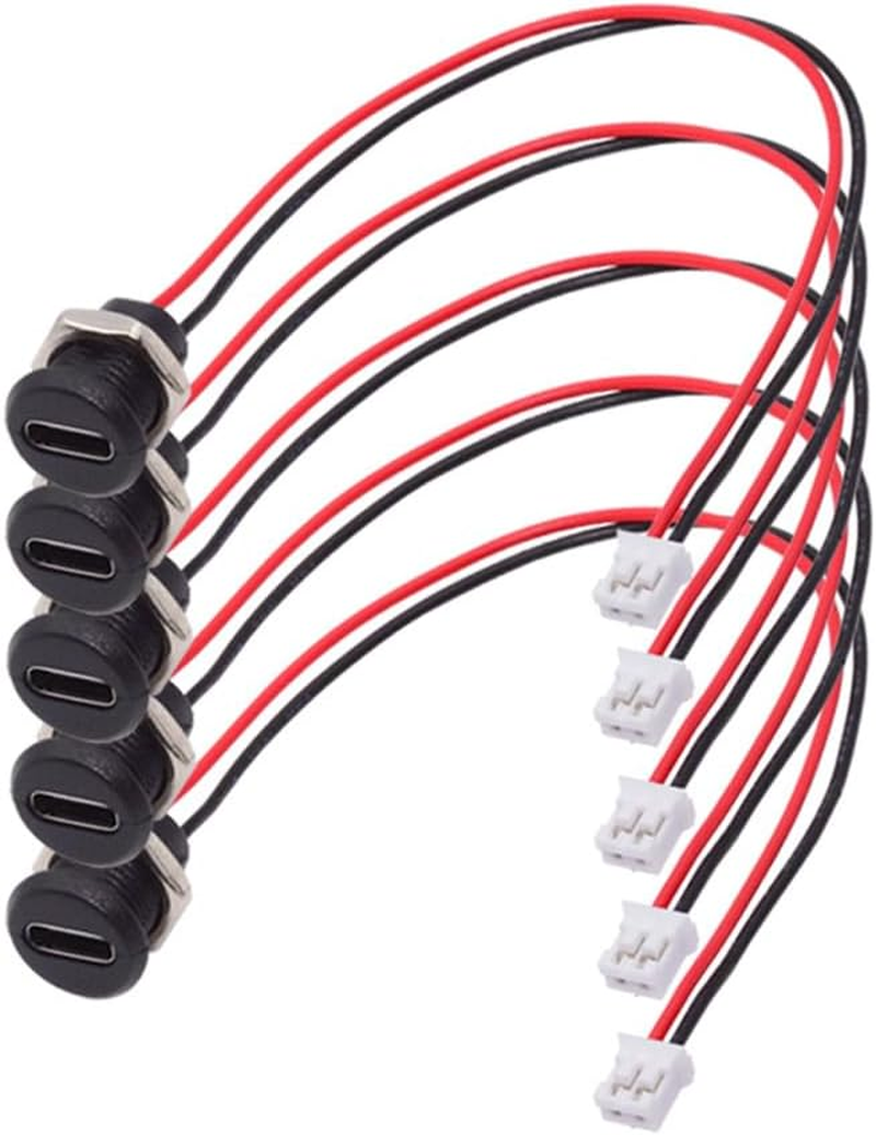 Xiwai 5Pcs DIY OEM Type C Female Socket to 2Pin Header Wire Extension DC 5V Power Cord Pitch=2.0Mm Panel Mount USB C Waterproof Jack 17.5Cm image number 1