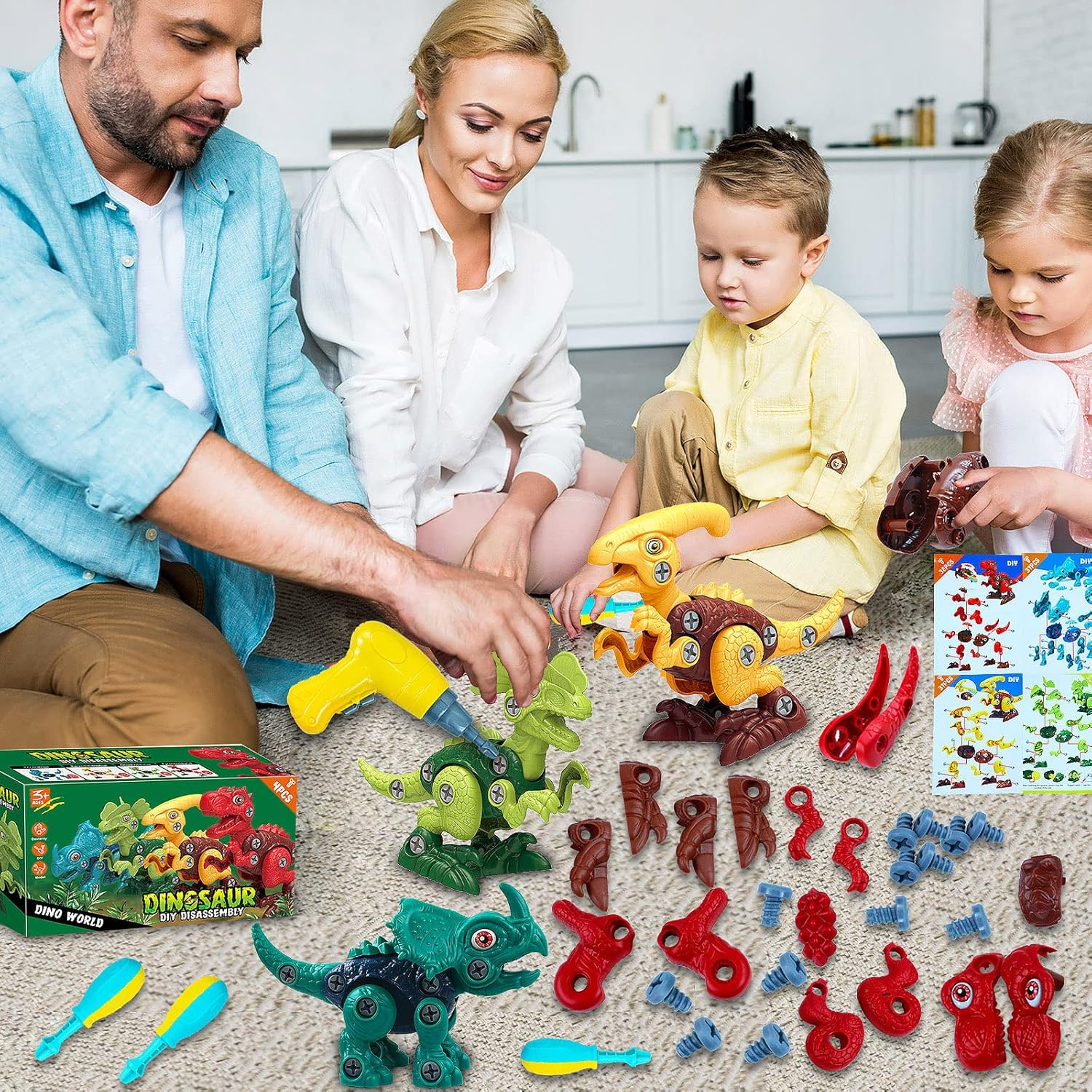 4 Pack Dinosaur Toys for Kids, Take Apart Dinosaur Toy with Electric Drill & 4 Hand Drill Tool, Building STEM Toy Christmas Birthday Gift Learning Construction Toys for 3 4 5 6 7 8 Year Old Boy Girl image number 6