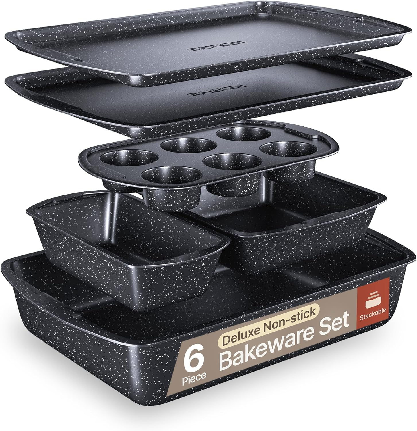 Bakken Swiss - Bakeware Set &ndash; 6 Piece &ndash; Stackable, Deluxe, Non-Stick Baking Pans for Professional and Home Cooking &ndash; Carbon Steel, Gray Stone Coating
