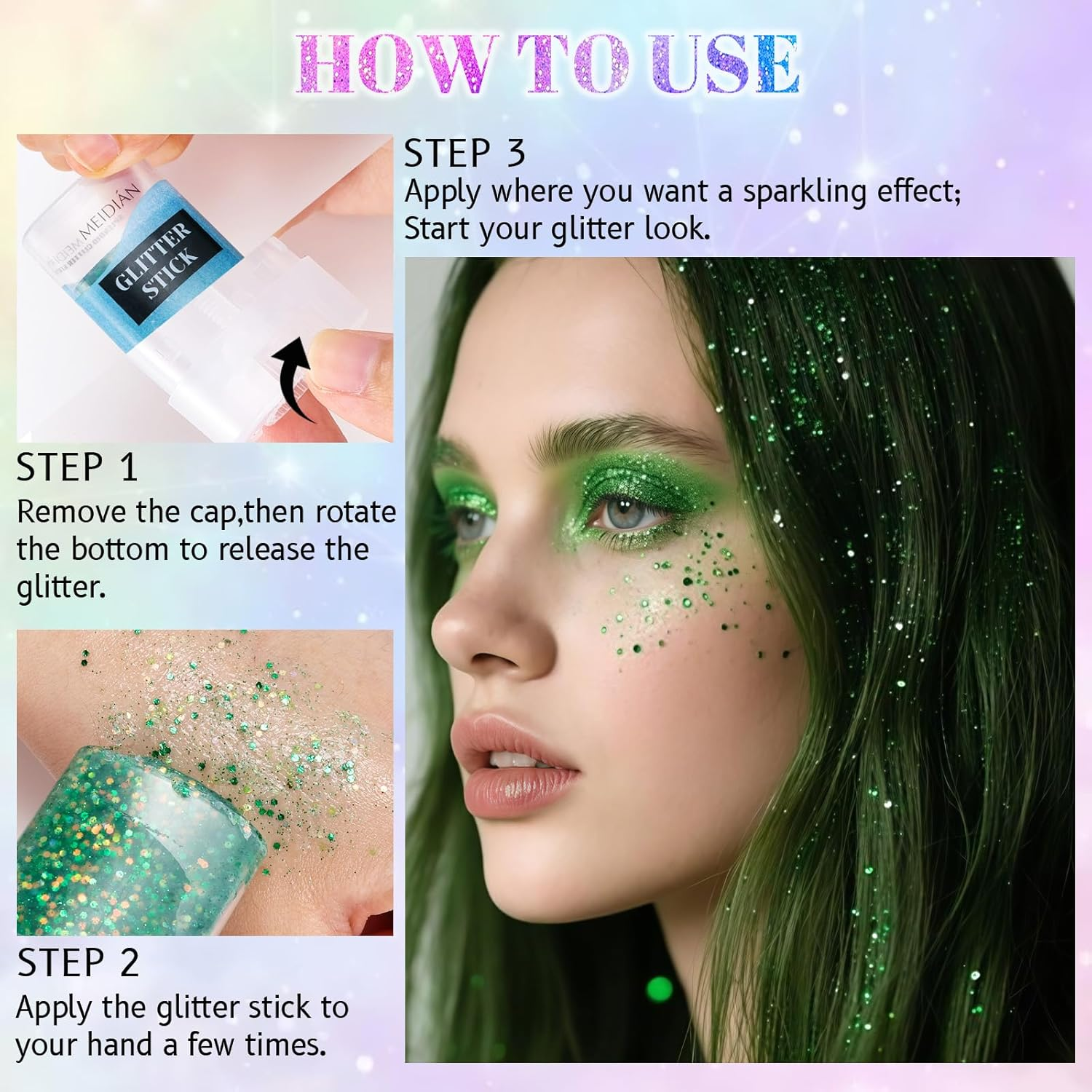 YBUETE Face Body Glitter Stick,6 Colors Hair Body Glitter Stick for Singer Concert Outfit Cosplay Rave Accessories for Women,Glitter Nail Sequins Iridescent Flakes for Festival Rave Halloween Makeup image number 4
