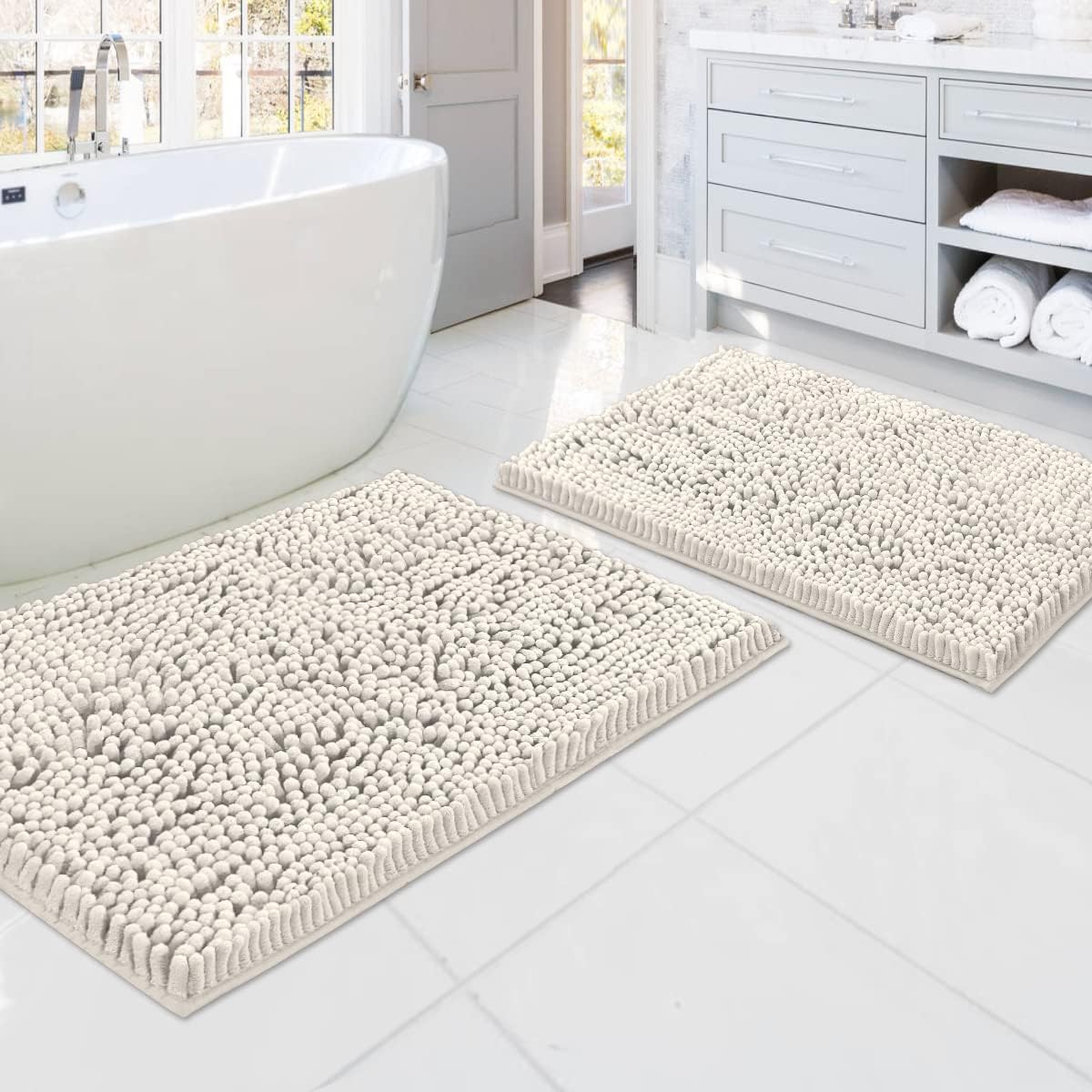 Princedeco 2-Piece Bathroom Rugs Set Non-Slip Bath Mat Soft Cozy Shaggy Thick Chenille Bath Rugs for Bathroom Plush Rugs for Bathtubs Water Absorbent- (50Cm X 81Cm / 43Cm X 61Cm), Taupe