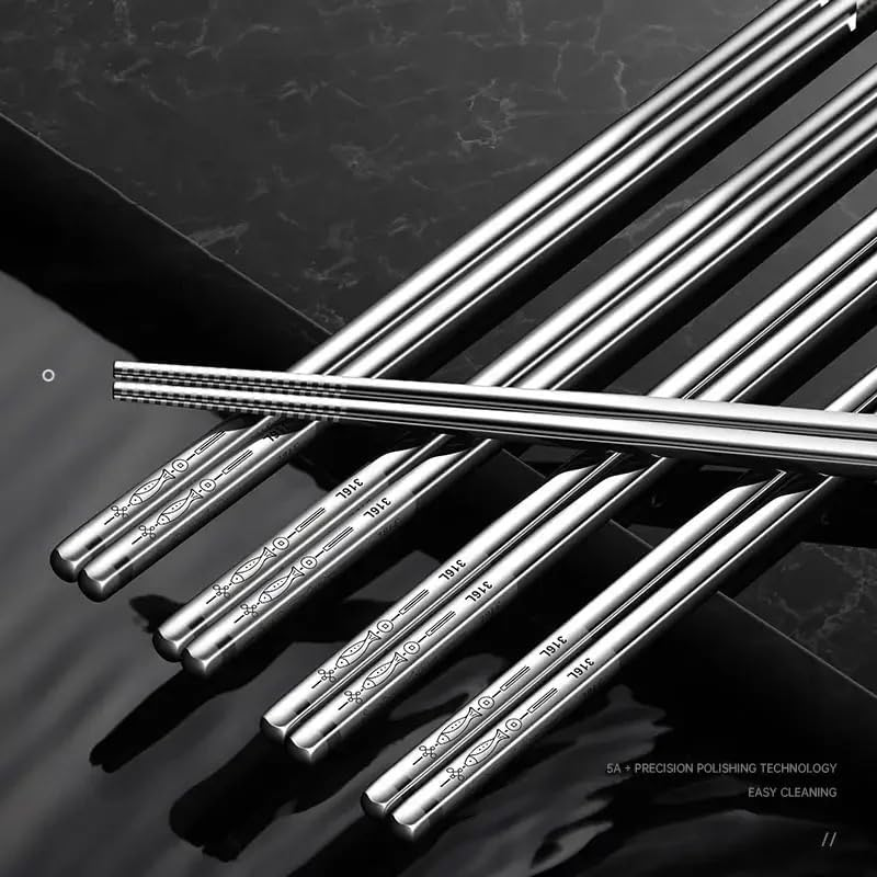 PUKU Lumina&trade;-Elite 18/10 Silver Stainless Steel Chopsticks Set (5 Pairs) &ndash; Reusable 316L Metal Chopsticks, Engraved Non-Slip Tips, Square Anti-Roll Design, Rust-Resistant, Dishwasher Safe, Gift-Boxed image number 1