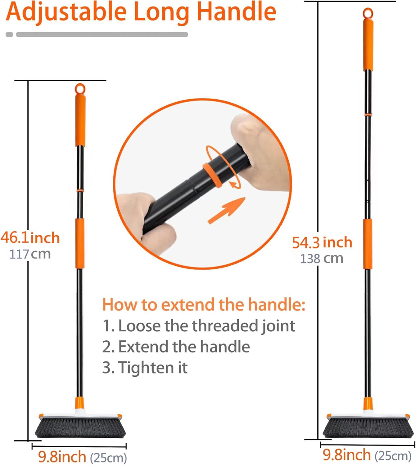 JEHONN Floor Scrubbing Brush 138 Cm Telescopic Long Handle Garden Patio Deck Cleaning Brush Stiff Broom Scrubber with Squeegee, Indoor Outdoor Sweeping Brush for Bathroom, Shower Wall, Swimming Pool image number 5