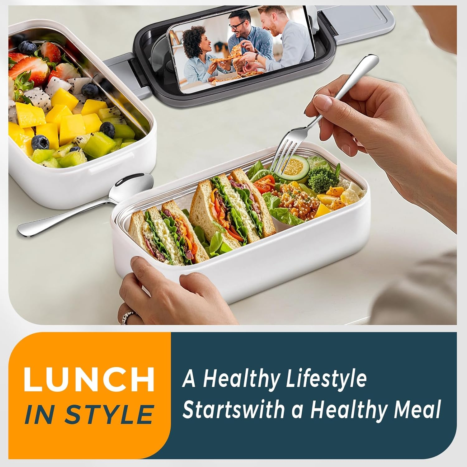 Stainless Steel Lunch Box: 1400Ml 304 Stainless Steel - BPA Free Leakproof Bento Box with Microwave-Safe - Thermal Insulation Detachable for Adults Students for Office School Worksites (White) image number 6
