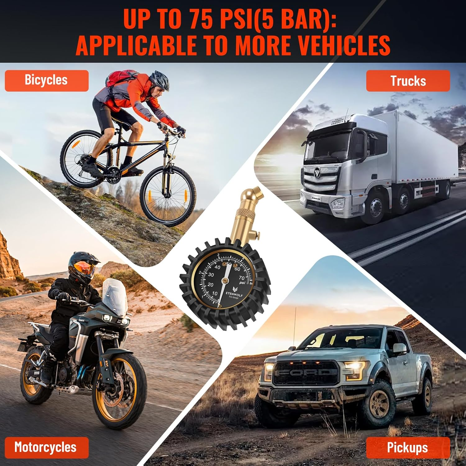 ETENWOLF Tire Pressure Gauge for Cars 0-75 PSI, Air Pressure Gauge with Large Glow Dial, Calibrated to ANSI B40.1 Grade A(Plus-Minus 1%), Tire Gauge for Tire Pressure Car Accessories (Black) image number 5