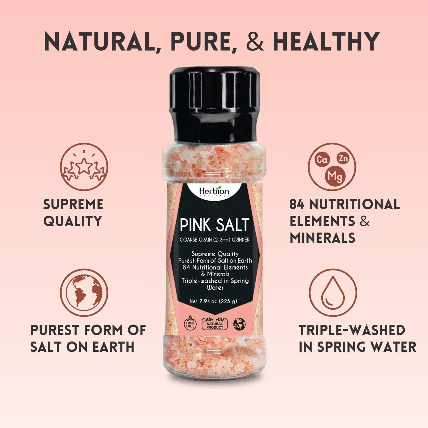 Herbion Naturals Himalayan Pink Salt Grinder - Coarse Grain, 225 Grams | GMO Free, Vegan, Kosher Certified | Chemical Free, All-Natural image number 4
