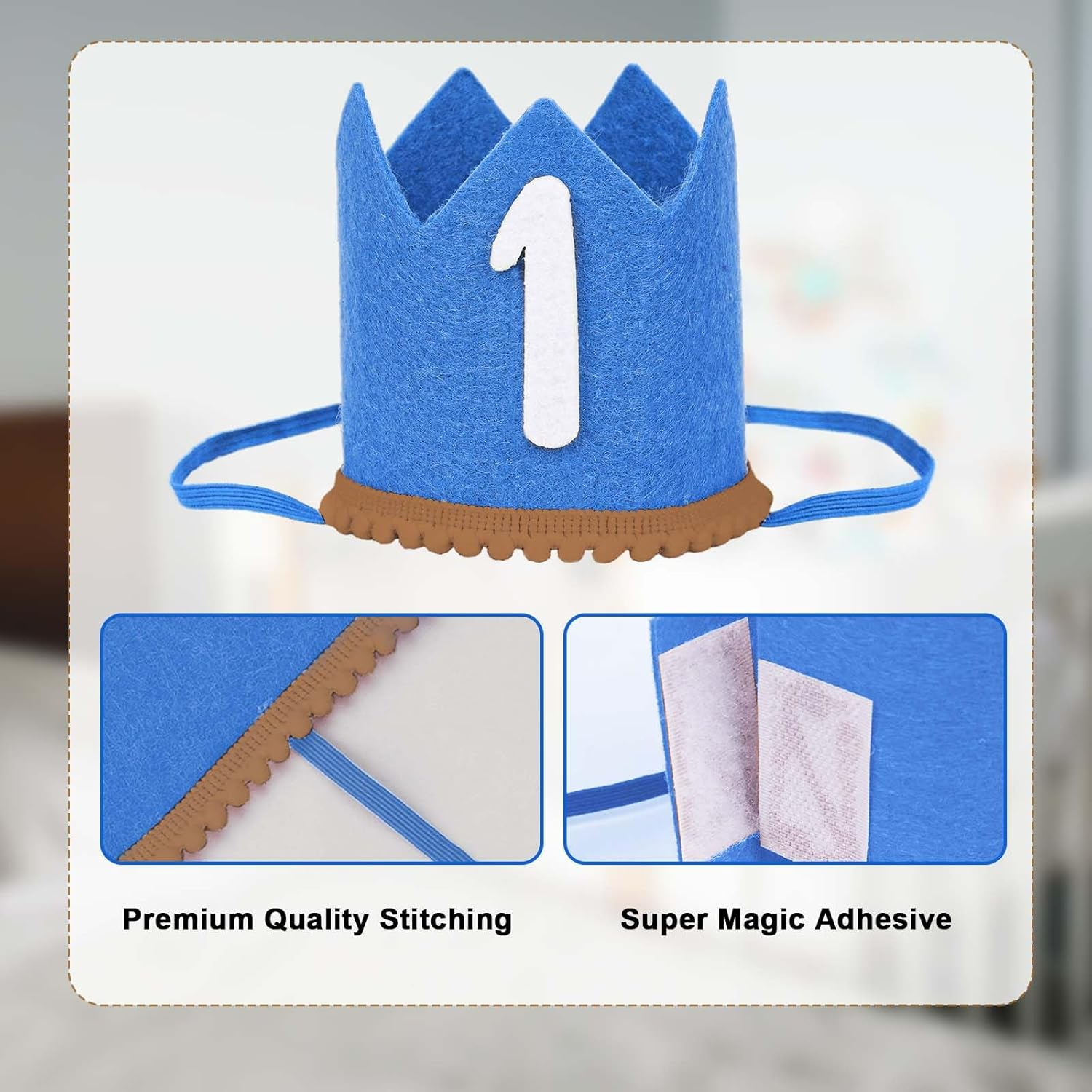First Birthday Hat for Baby, 1St Birthday Party Supplies Boho Cute Birthday Crown with Elastic Band for Girls Boys Birthday Party Decorations (Blue) image number 4