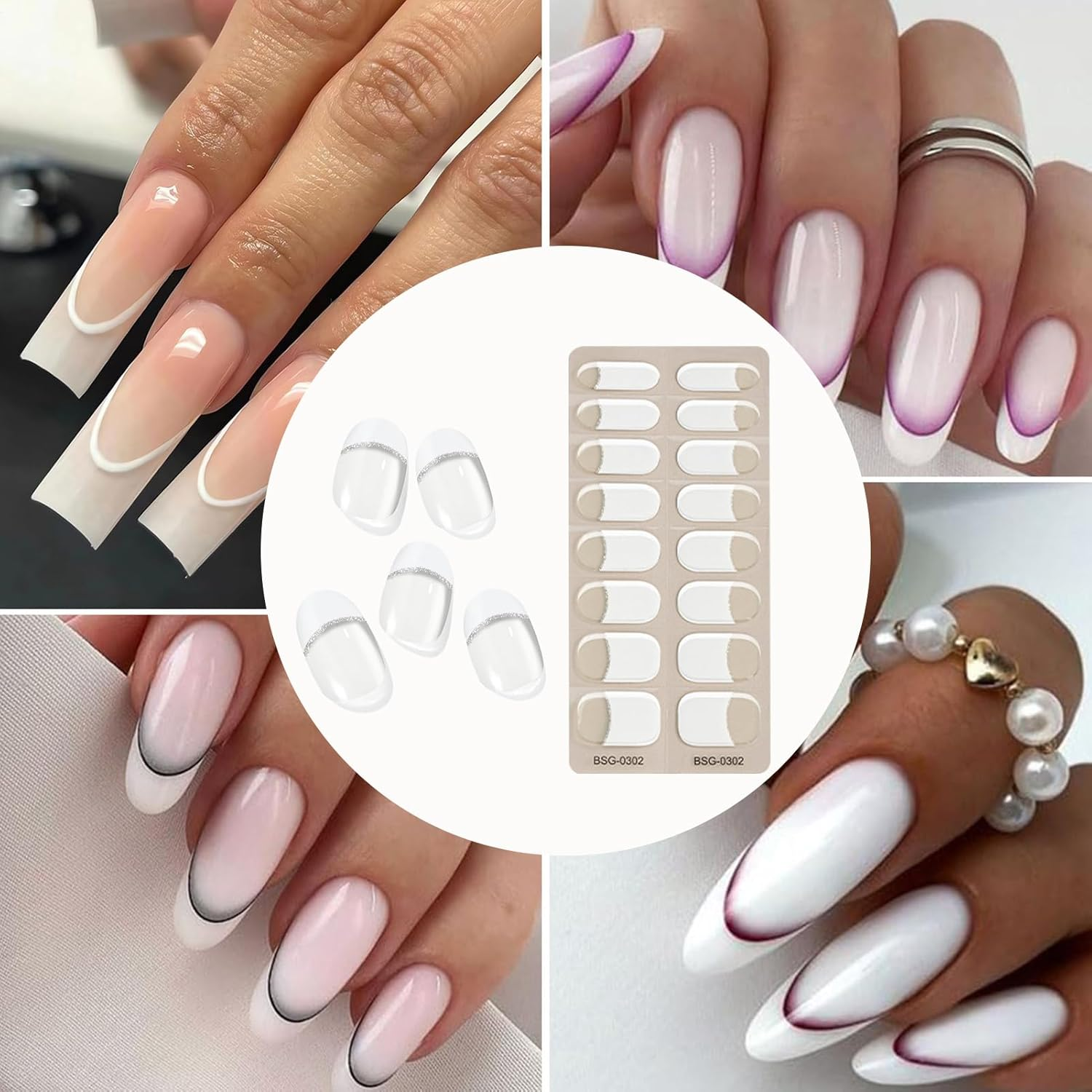 Semi Cured Nail Stickers,French Nail Polish Stickers - French Tip Nail Strips, Gel Nail Wraps Works with UV Light for Home Nails image number 3