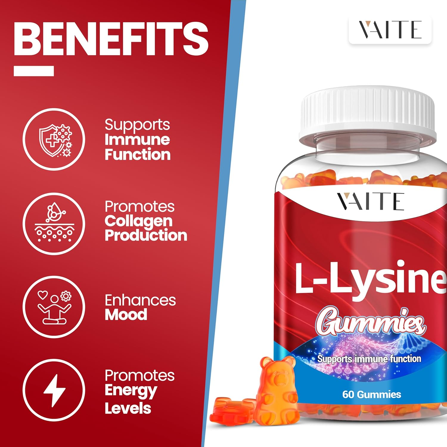 L Lysine 1000Mg Gummies &ndash; Chewable Non-Gmo Supplement, Plant-Based Amino Acid Formula, Gelatin Free, Gluten Free, Soy-Free, Complex Supplements, 60 Vegan Chewables for Adults image number 2