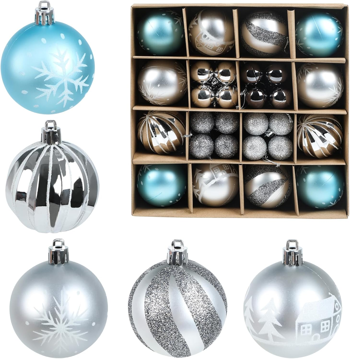 Christmas Tree Baubles, Set of 44, 6 Cm and 3 Cm Christmas Tree Baubles, Christmas Tree Decorations, Christmas Baubles, Blue Silver Tree Baubles for Indoor, Outdoor, Christmas Tree Decoration