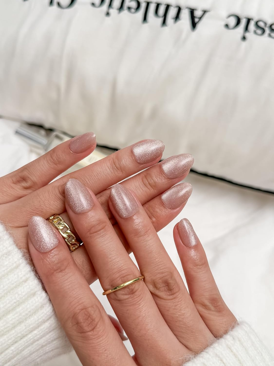 Press-On Nails | Shimmery Nude Short round False Nails, Reusable Stick-On Fake Nails with Adhesive Tabs and Glue | Salon-Grade Quality | Transparent Storage Box | 15 Sizes - 30 Nail Kit