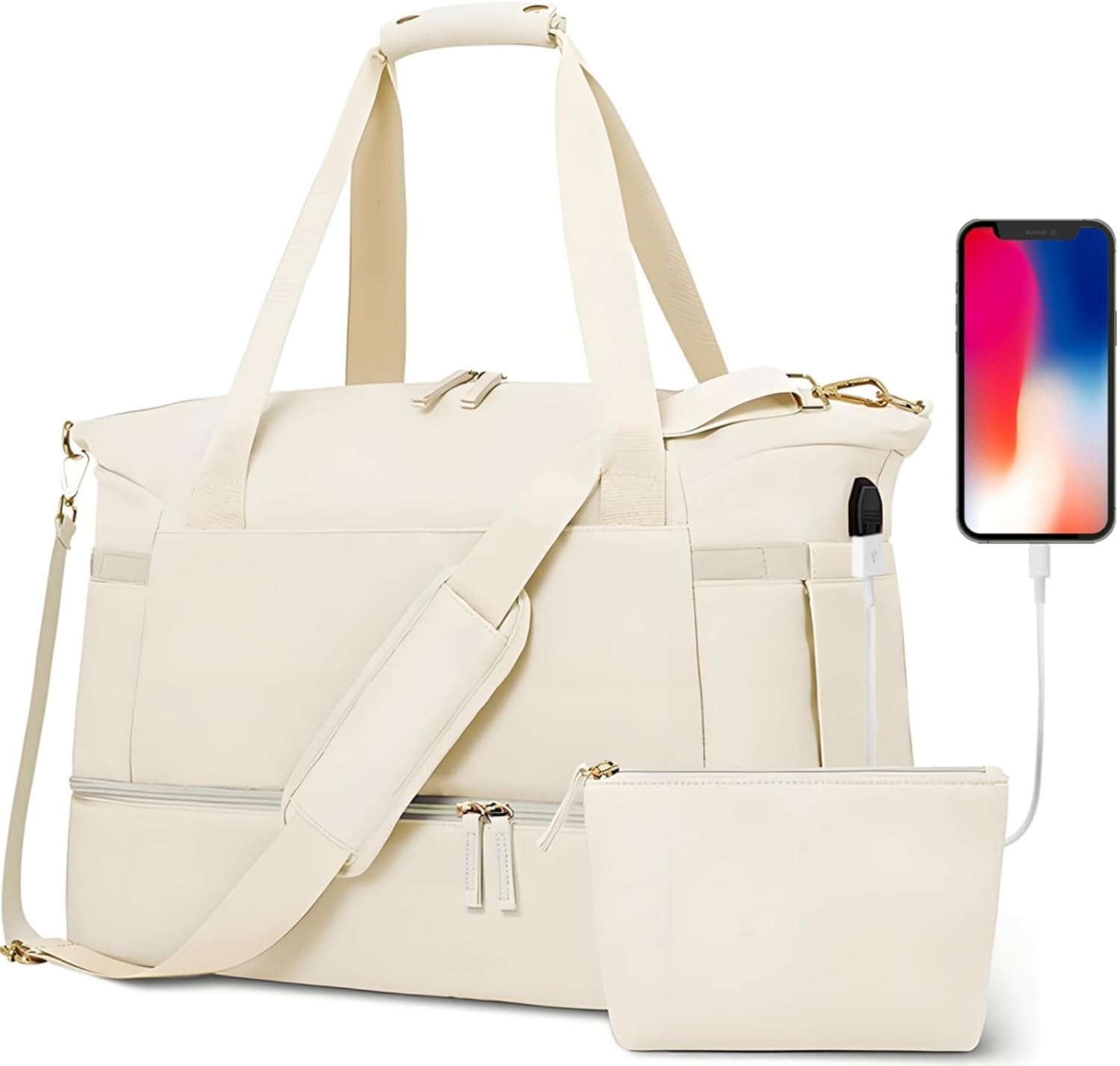 Noamus 2 Pcs Weekender for Women, Cute Travel Duffle with Shoe Compartment, Beige Overnight Gym Toiletry Bag for Luggage Carry On, Hospital Maternity, Labor Delivery, Airplanes, Beige image number 1