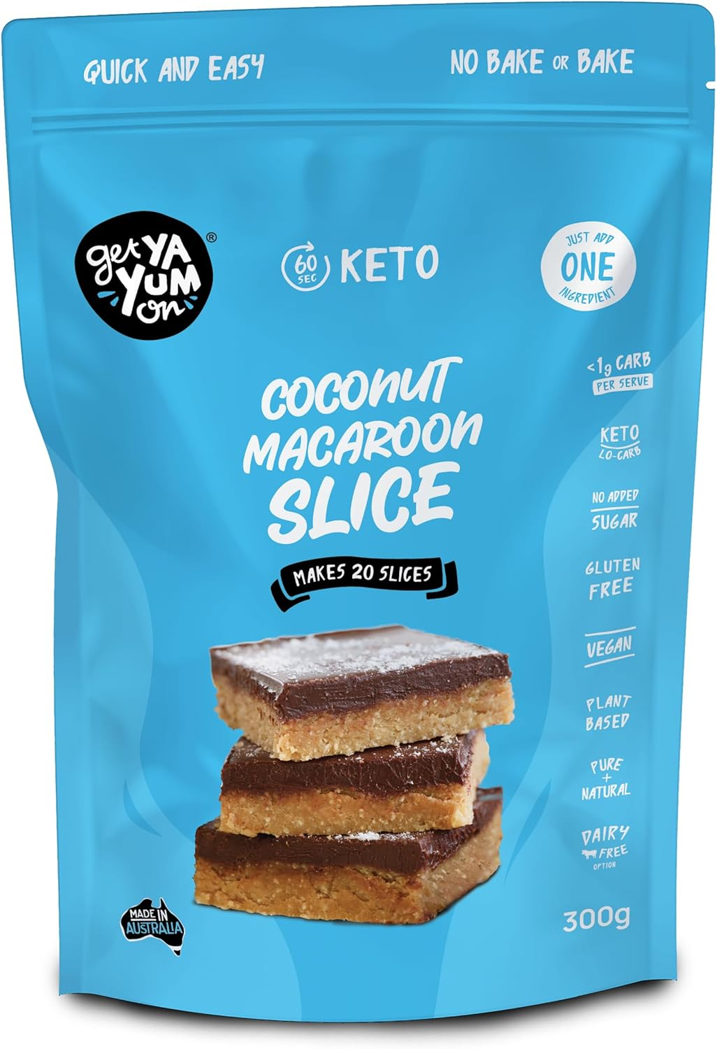 Get Ya Yum on 60 Second Coconut Macaroon Slice NO BAKE or BAKE 300G: NO SUGAR ADDED, LOW CARB, GLUTEN FREE, 1G CARB per SLICE, PLANT BASED, VEGAN FRIENDLY, MAKES 20 SLICES image number 6