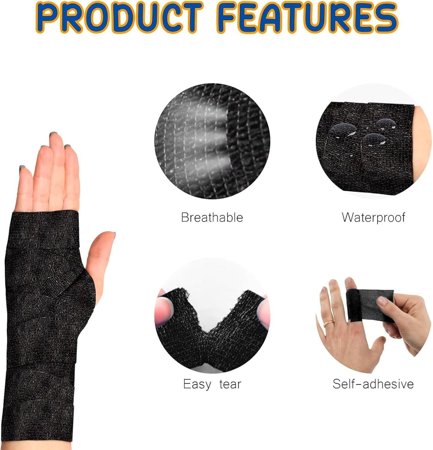 8PCS Cohesive Bandage, Self-Adhesive Compression Bandage, 5 Cm X 4.5 Metres Black Sports Tape for Joint Support, Strapping Tape for Ankles and Wrists image number 2