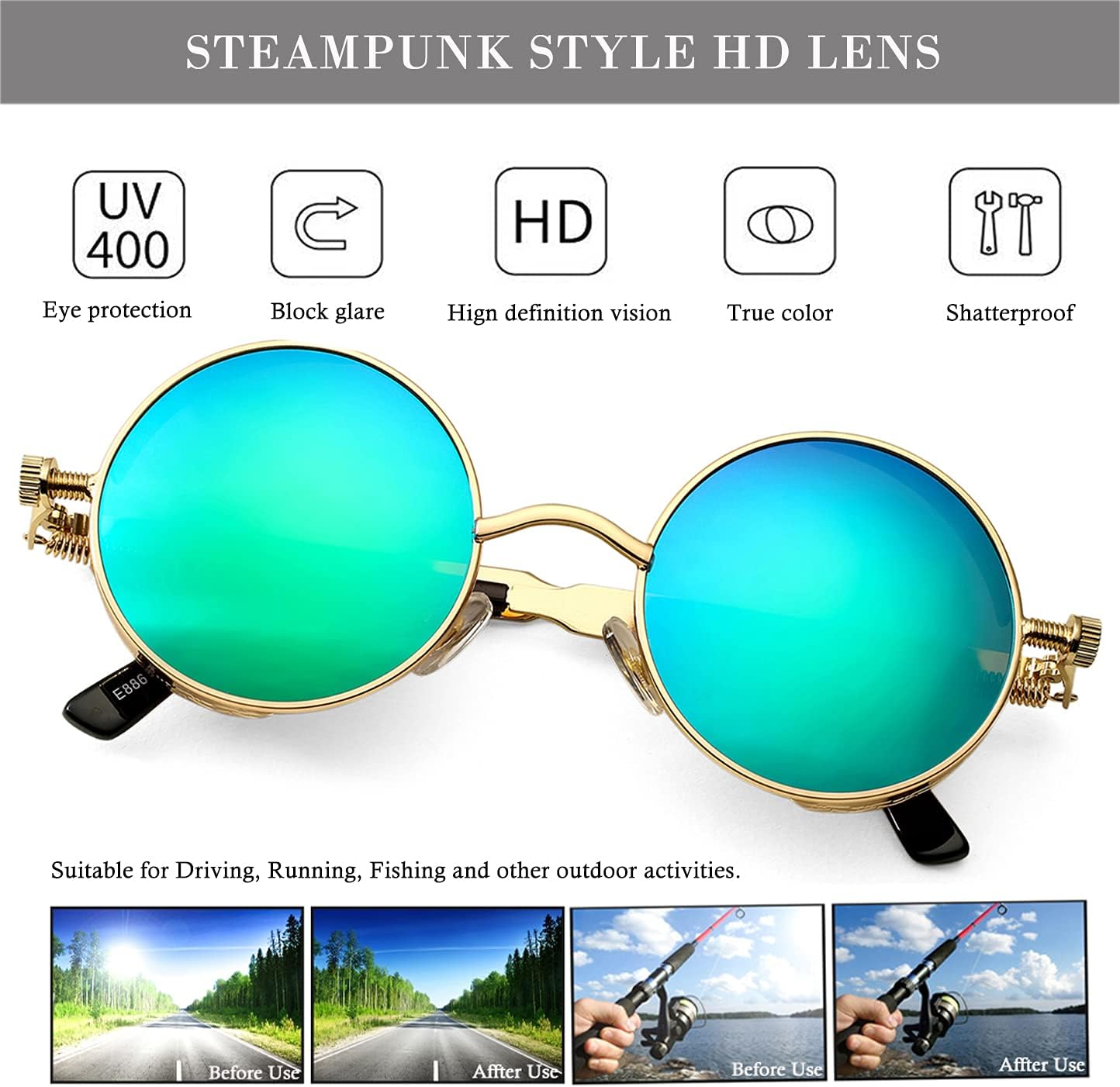 HJSTES Vintage round Steampunk Sunglasses for Women Men Circle Gothic Glasses Retro Metal Frame image number 4