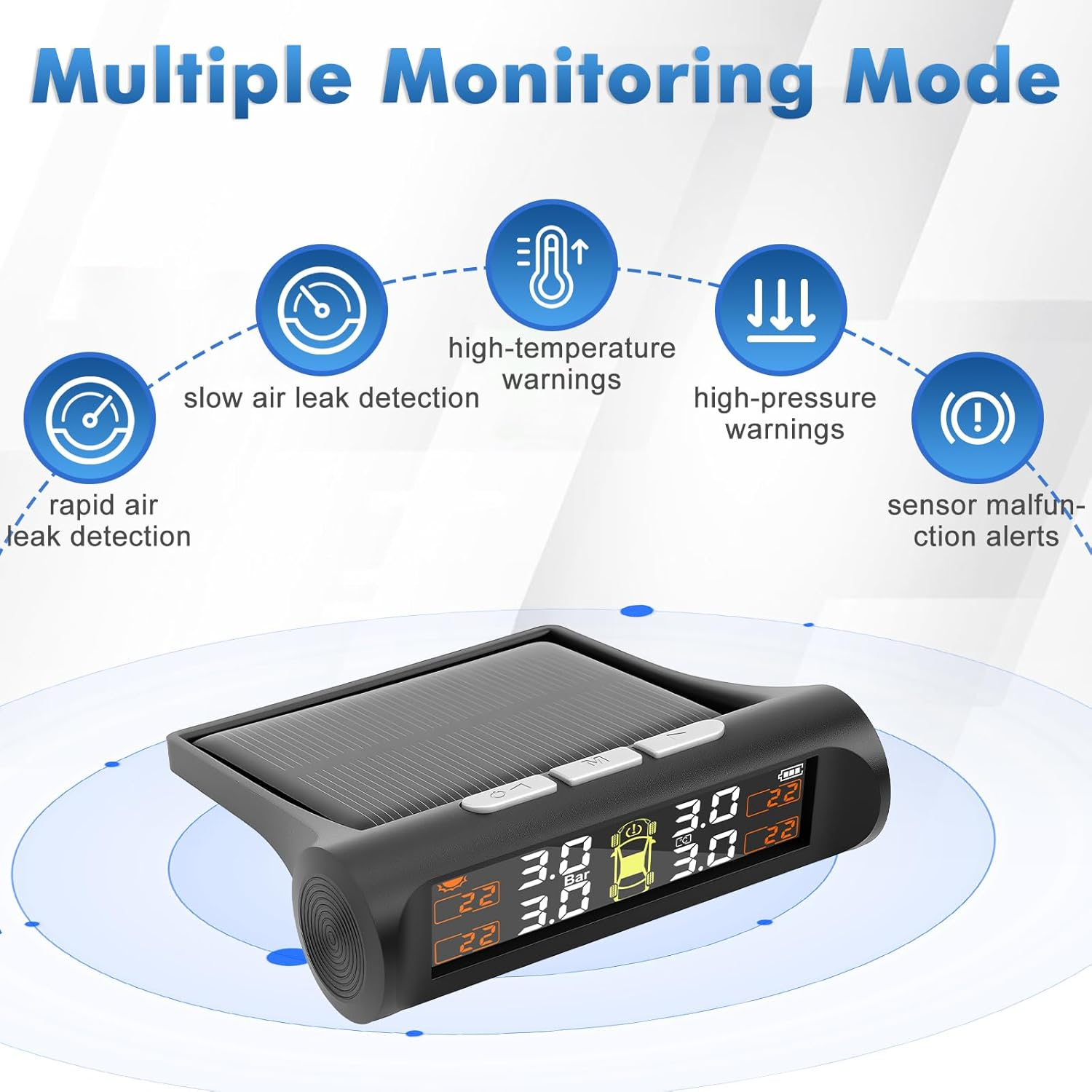 Tyre Pressure Monitoring System,Tpms with Solar & USB Charging, TPMS W/4 External Sensors & 5 Alarm Modes,Real Time Monitoring Pressure & Temperature, Auto Sleep,Suitable for 4 Wheeled Vehicles image number 6