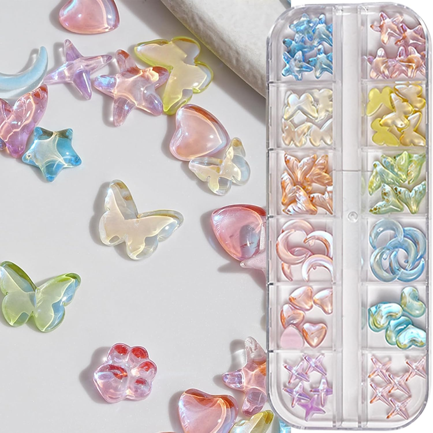 Dohocall 2 Boxes Mixed Shape Nail Rhinestone Nail Crystal Charms Nail Charms Butterfly Star Nail Art Charms Nail Art Decoration image number 4