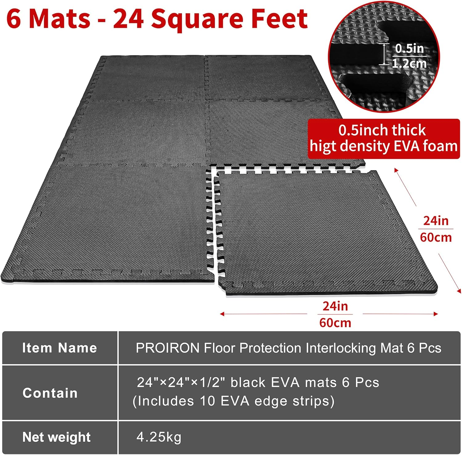 PROIRON Puzzle Exercise Mat 2CM Thick, EVA Interlocking Foam Floor Tiles for Home Gym, Mat for Home Workout Equipment, Gym, Floor Padding for Kids, 60 Cm X 60 Cm X 2 Cm, 24 Sq Ft - 6 Tiles image number 5