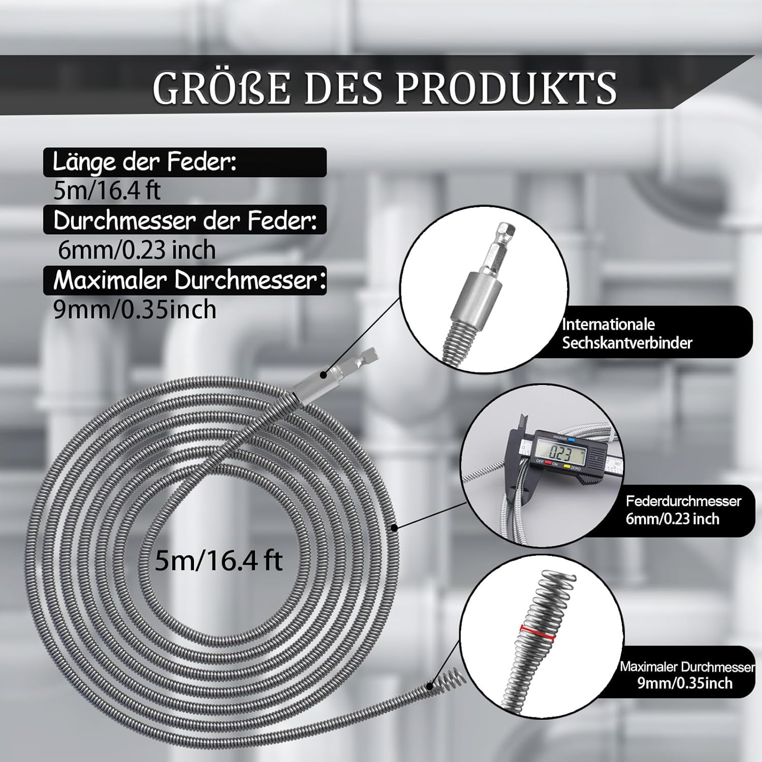 GYHMTOO Pipe Cleaning Spiral, Diameter 6 Mm, Drain Cleaner Spiral, Cleaning Spiral with Electric and Manual Adapters, Pipe Cleaner Spiral Pipe Cleaning Shaft, Efficient Pipe Spiral (6 Mm, 5 M)
