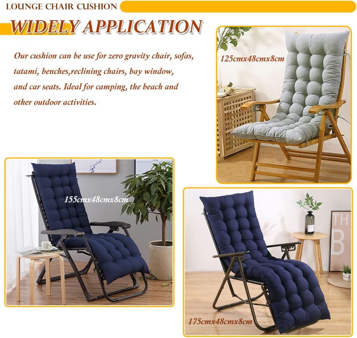 Sun Lounger Chair Cushions, Sundlight Patio Cushions Chaise Indoor/Outdoor Mattress Recliner Quilted Thick Padded Seat Cushion Reclining Chair Rocking with Ties (155X48X8Cm, Light Brown) image number 2