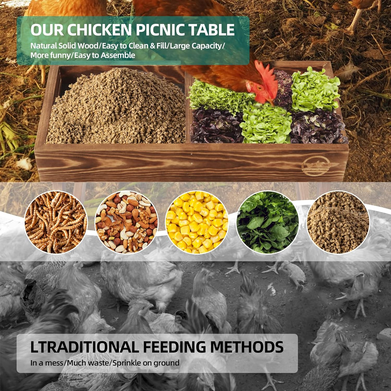 Chicken Table No Waste, Chicken Picnic Feeder Handmade Carbonized Wooden, Large DIY Chicken Feeder Kit, Wild Bird, Duck & Squirrel Feeders, Mesh Bottom Keep Food Fresh and Dry Easy to Clean and Fill image number 4