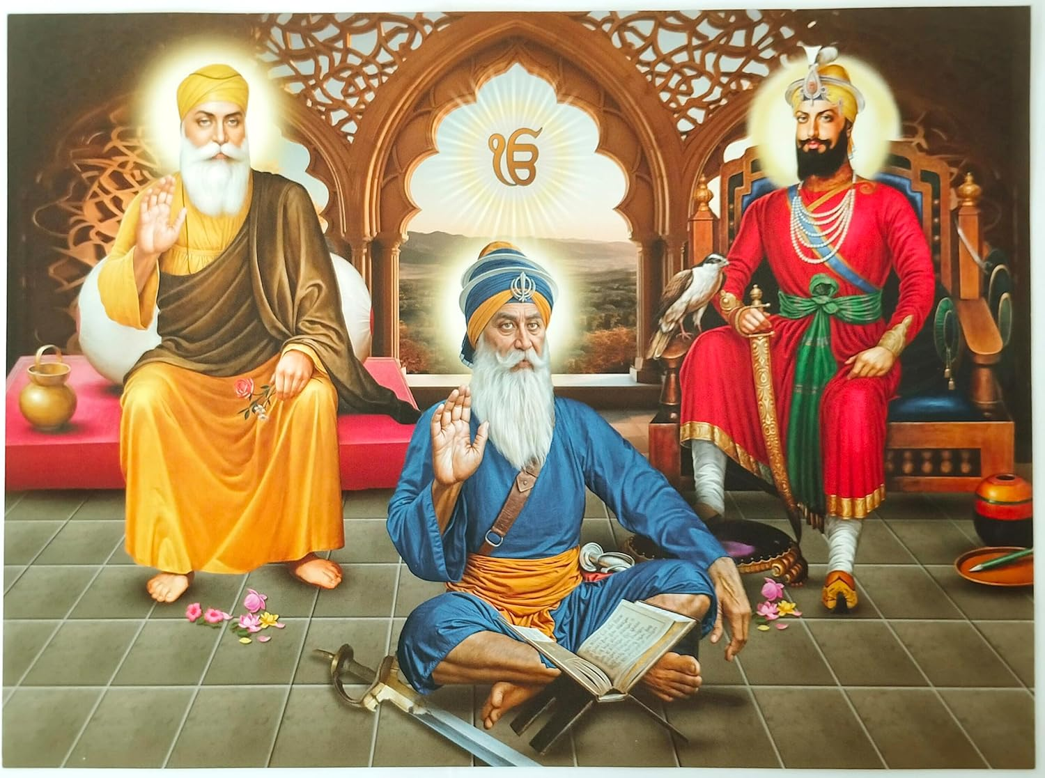 SIUS Shri Guru Nanak Dev Ji Photo Poster, Shri Guru Gobind Singh Ji Photo Poster and Guru Gobind Singh Ji Photo Poster (16 X12 Inch) - Guru Nanak Dev Ji, Guru Gobind Singh Ji, Baba Deep Singh Ji, Guru Angad Dev Ji, Char Sahibzade, Mata Gujri Ji, Chaar Sahibzaade, Das Guru, Guru Granth Sahib Ji, Khalsa Panth Ji | Elegant Golden Temple Frame | Sikh Religious Decor | Spiritual Home Decor | Sikh Gift Idea | Sikh Gurus Photo | Punjabi Religion Photo | Perfect for Home or Office