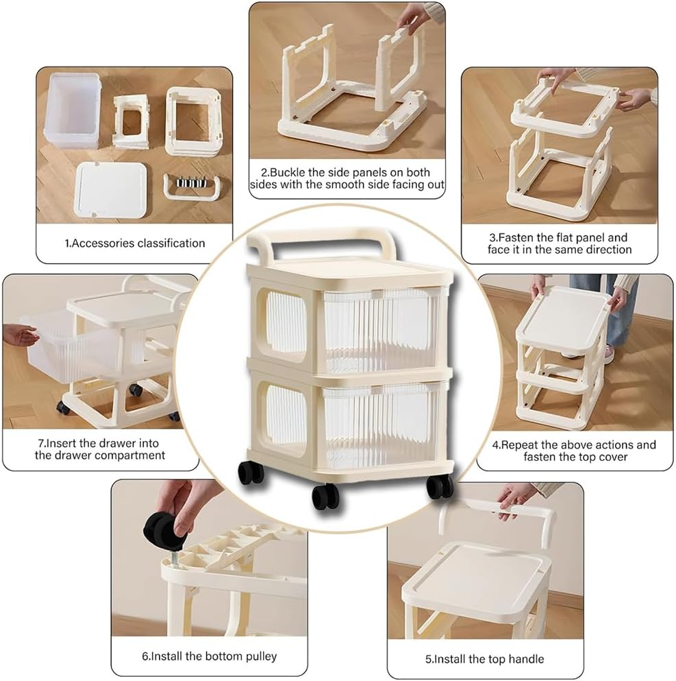 2 Drawer Storage Carts,Tiers Rolling Cart,Plastic Drawer Storage,Mobile Trolley Organizer with Handle,Clutter Storage Rack,Multifunctional Organizer Cart,For Home image number 5