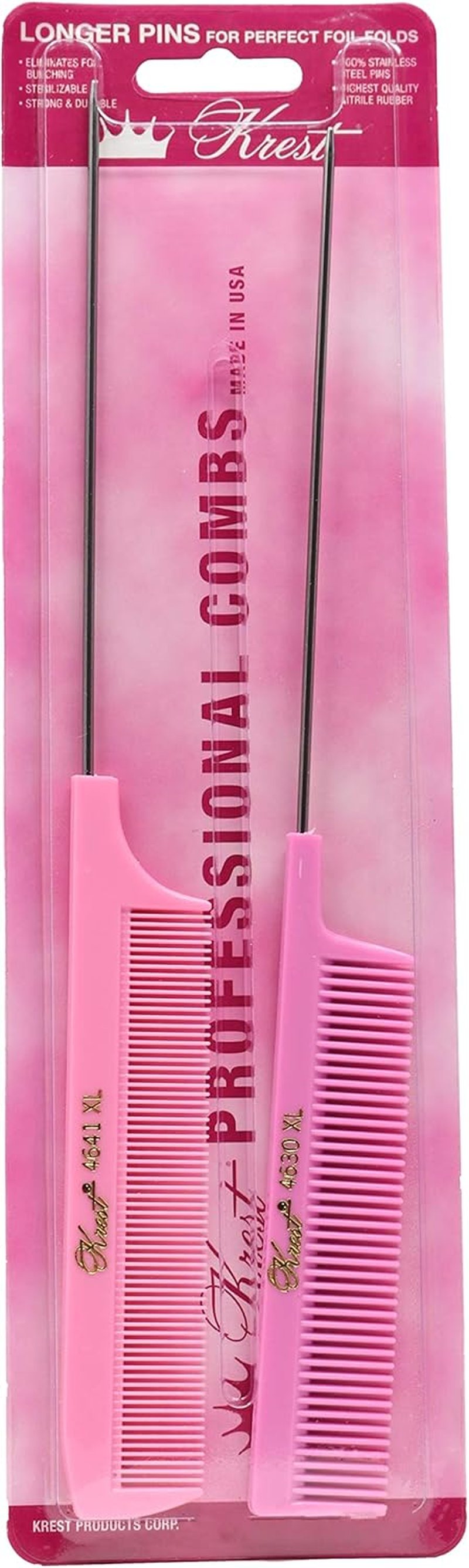 Krest Pintail Combs Weaving Foiling Fine Tooth Rattail Hair Cutting Comb Colors 2 Pc. (Pink)