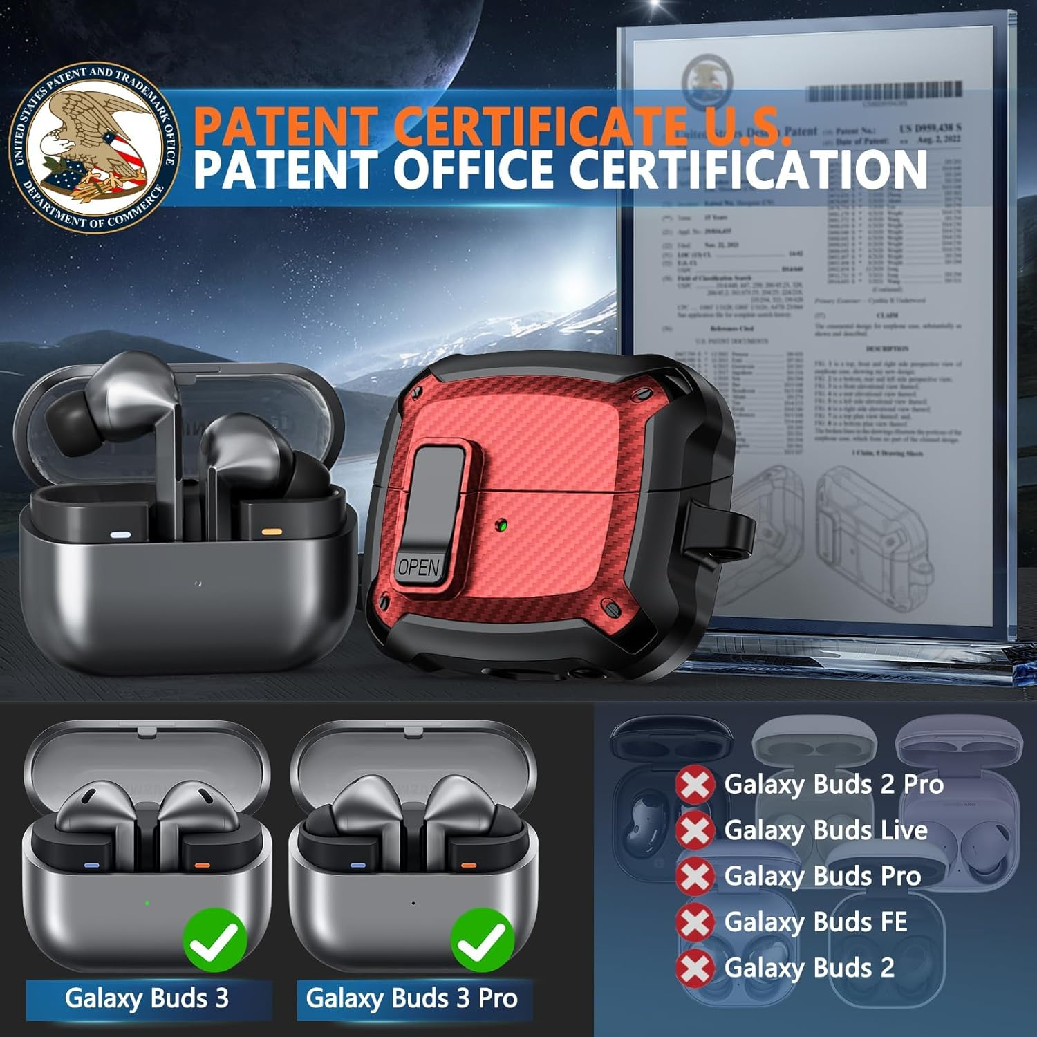 Compatible with Samsung Galaxy Buds 3 Case & Galaxy Buds 3 Pro Case,Full Body Shockproof Hard Shell Protection Design,With Secure Lock Clip image number 2