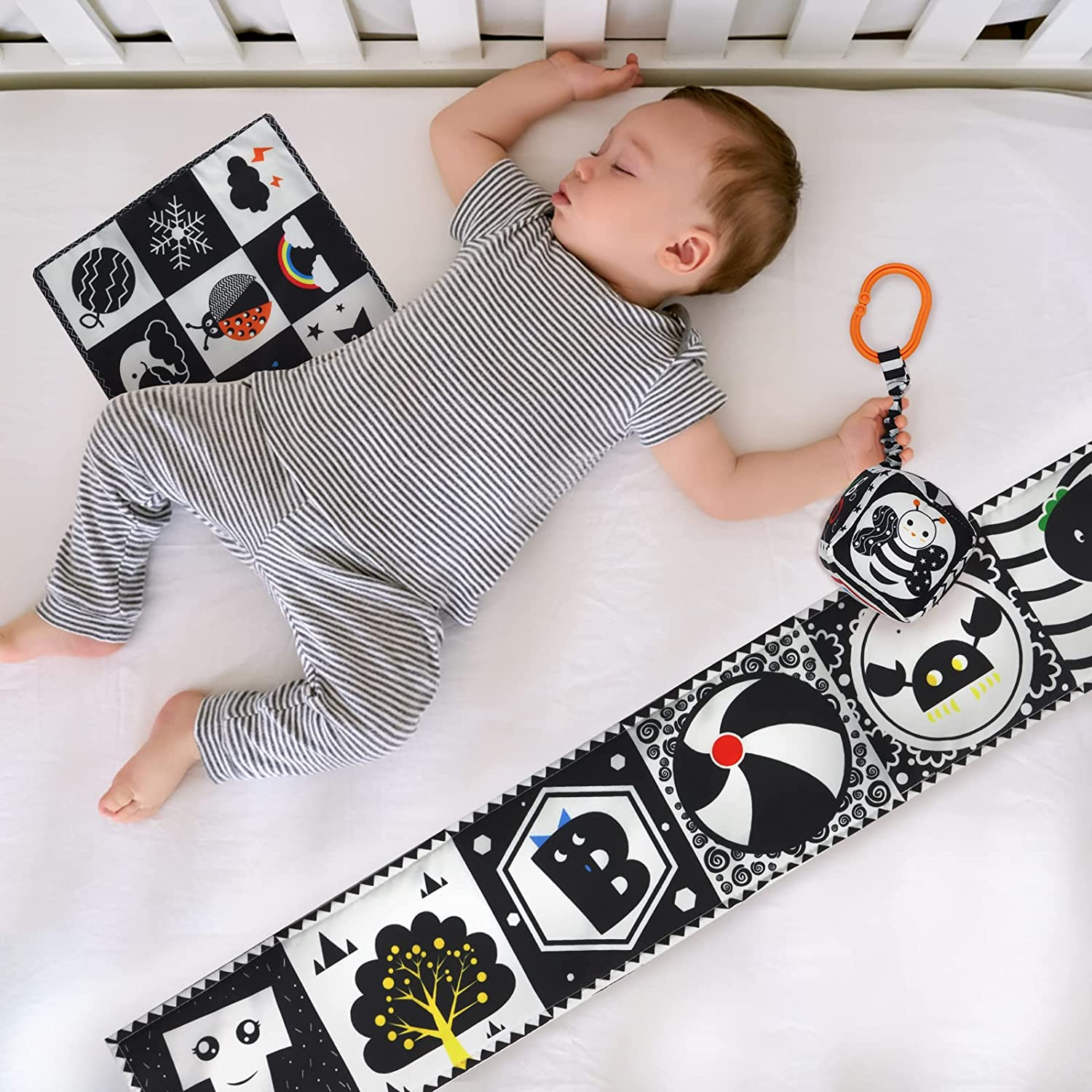 KUANGO 3 PCS Black and White High Contrast Baby Toys 0-3 Months for Newborn, Montessori Toys for Babies Sensory Soft Book for Early Education, Infant Tummy Time Toys 0 6 9 Months Baby Gifts