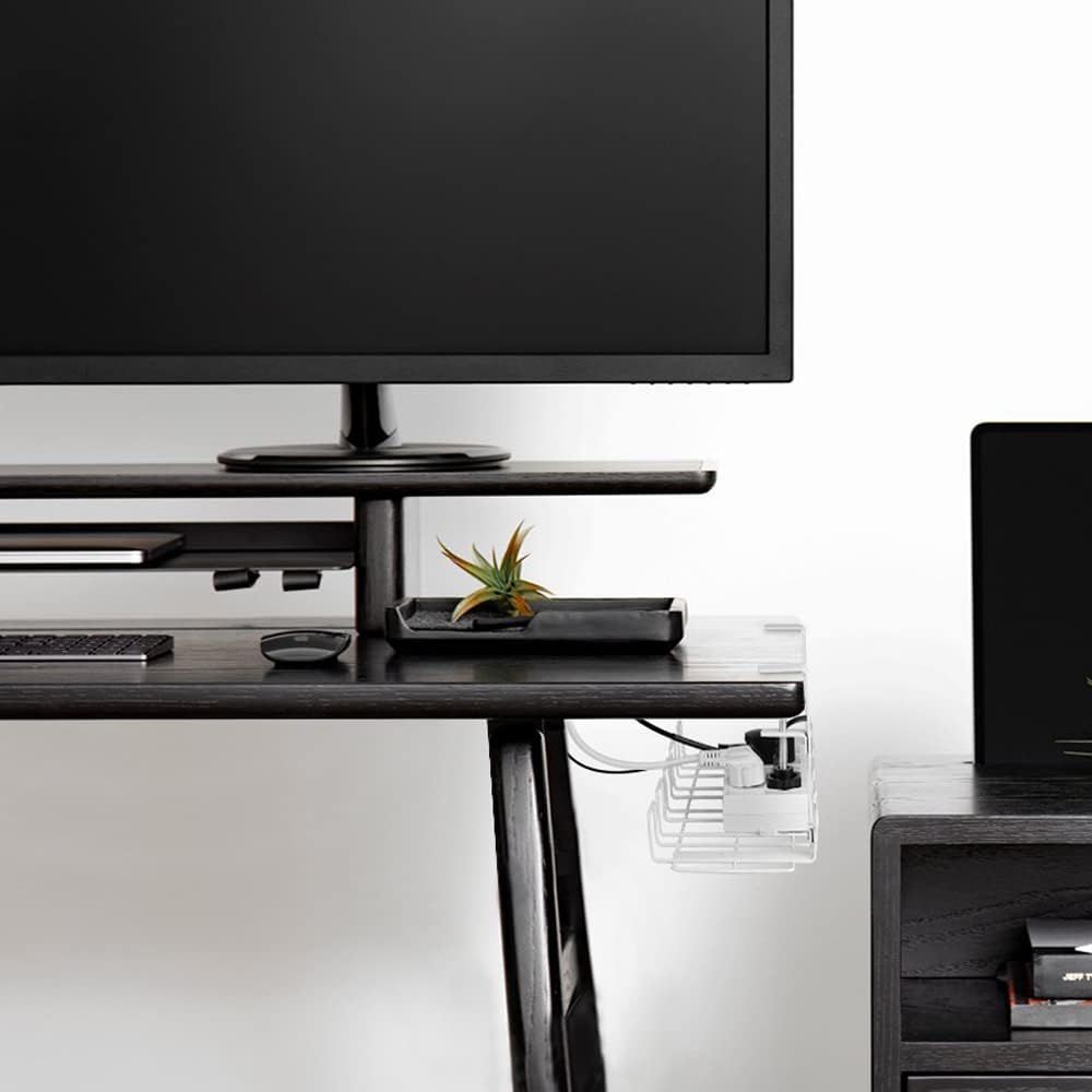 Under Desk Cable Management Tray Clamp Mounted 2 Packs, 40Cm No Drill Organizer for Stackable Handle Metal Holder for Office Kitchen PC Home to Cover and Hide Power Strips (White)