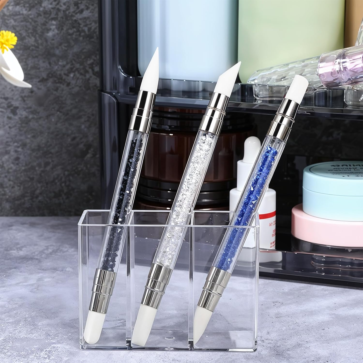 YQQYG 3 PCS Silicone Nail Brush, Dual Tipped Nail Art Sculpture Pen, Rhinestone Nails Carving Tool, 3D Nail Gel Art Tools for Sculpting Gel Shaping Nail Foil Drawing