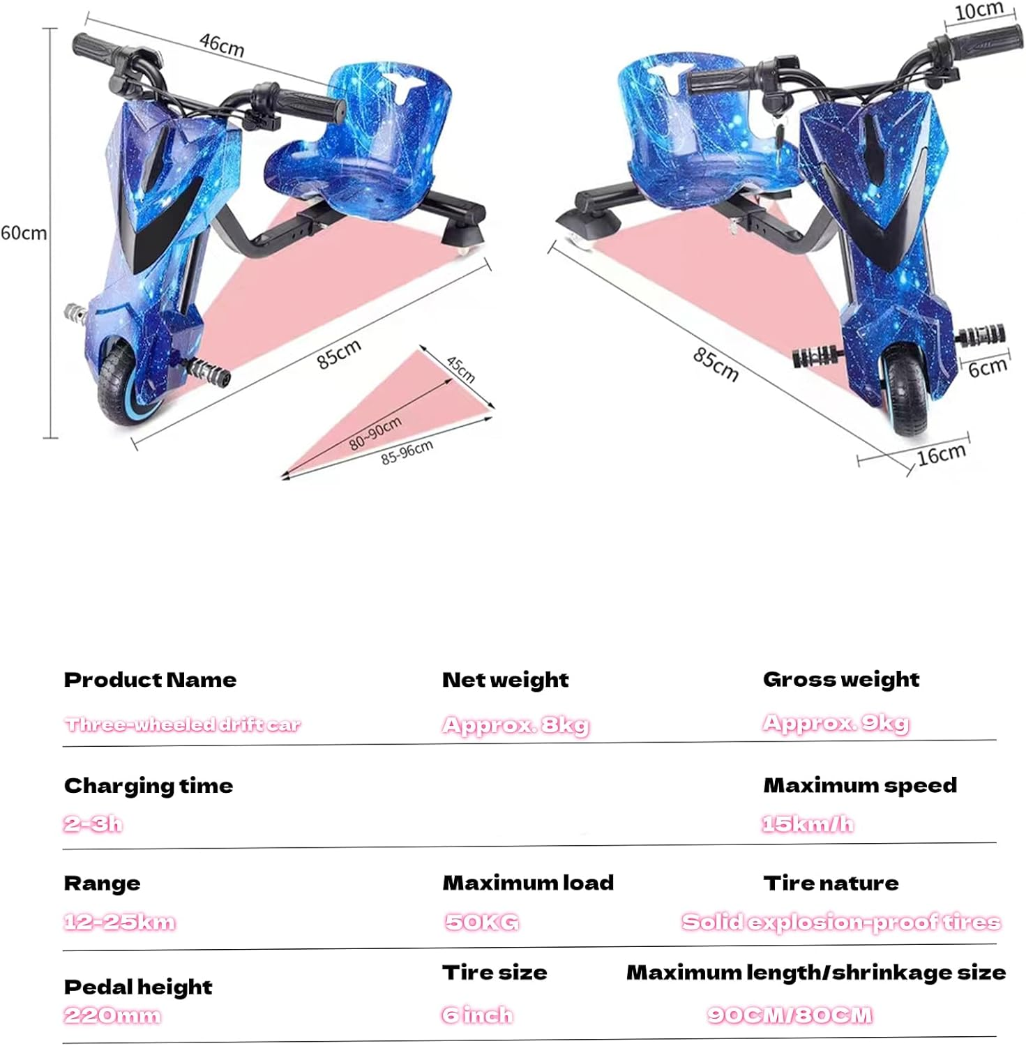 Electric Drift Go Kart &ndash; Kids Ride on Trike, 3-Wheel Electric Drifting Kart with Bluetooth Music, 12-25Km Range, Ideal Gift (Blue) image number 4