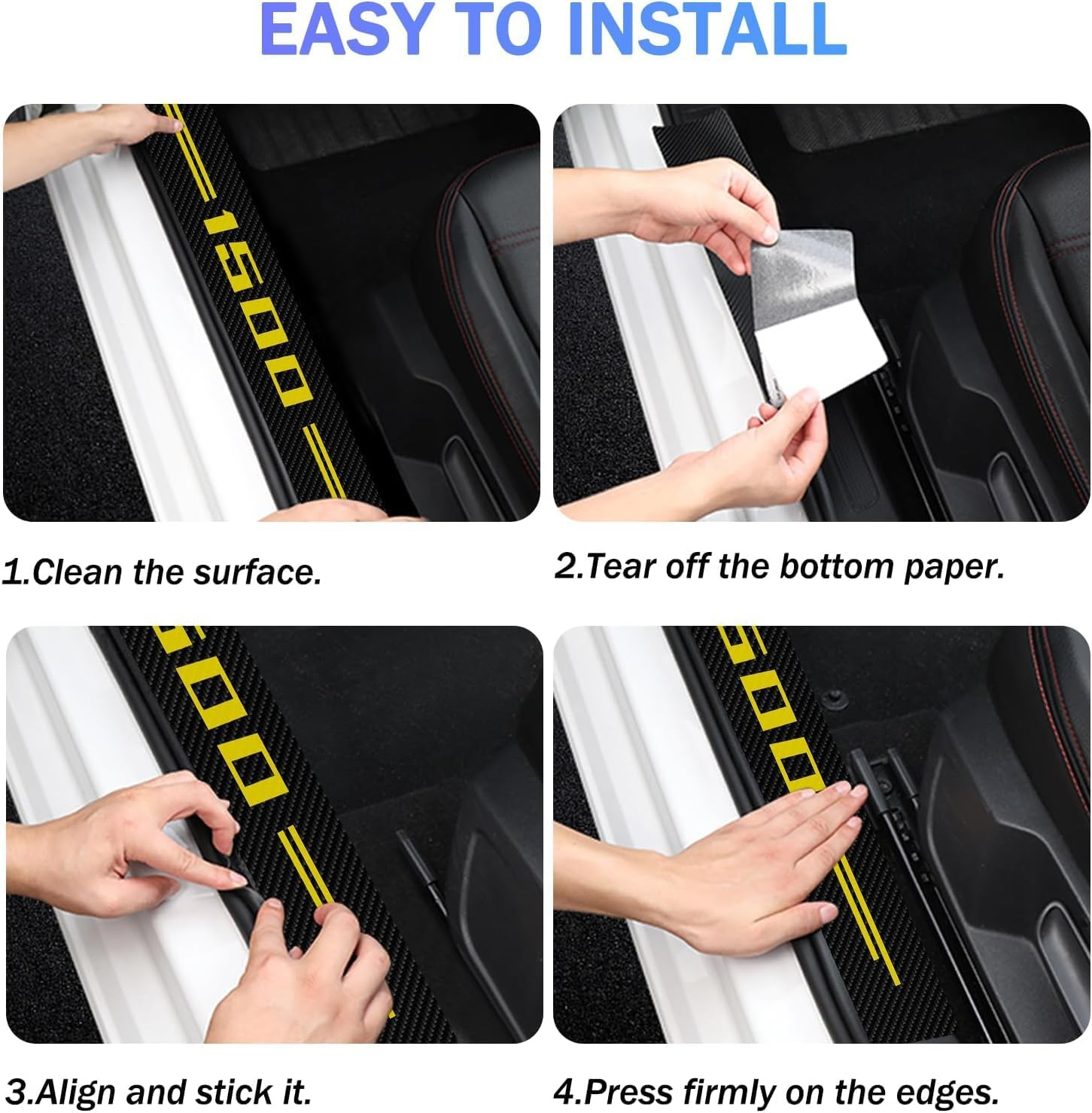 Car Door Sill Protectors 4Pcs for 1500, Carbon Fiber Leather Door Sill Sticker for RAM, Car Door Scuff Plate Door Entry Guard Threshold Scratch Protection Sticker Decoration (1500 Yellow) image number 2