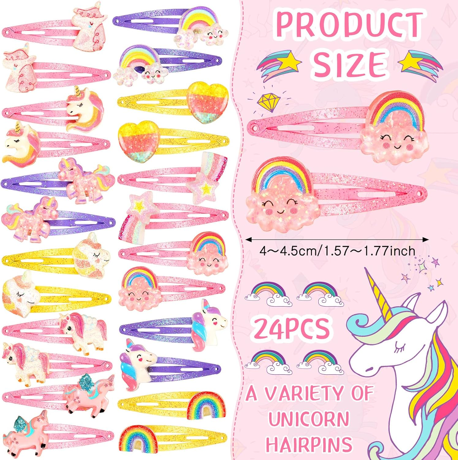 Hanaive 24 Pcs Rainbow Unicorn Clips Metal Clips Butterfly Snap Barrettes Cute Mermaid Hair Pins Sparkly Animal Hair Accessories for Toddlers Little Girls Birthday Party Gifts(Rainbow Pattern) image number 3