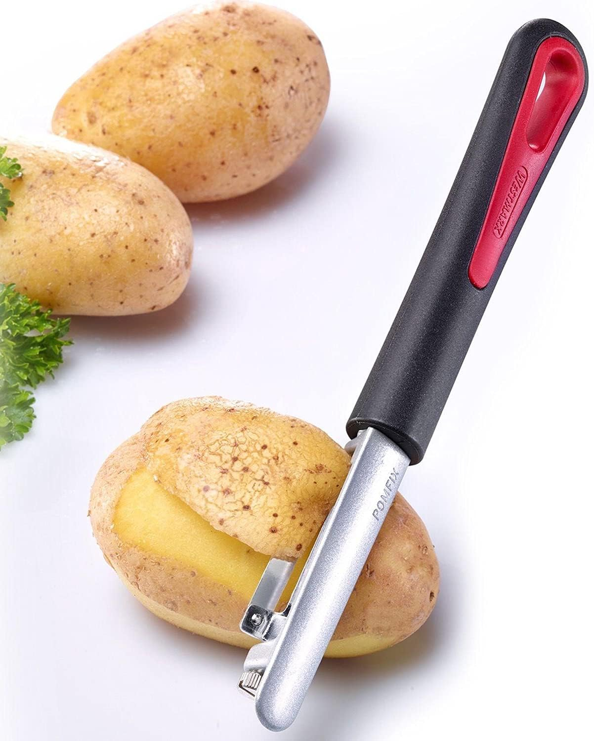 Westmark Swivel Peeler Pomfix Gallant, 7.7 X 1.1 X 0.8 Inches, Black/Silver/Red image number 5