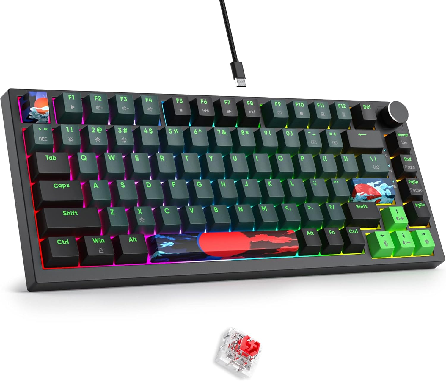 Fogruaden Wired 75% Percent Mechanical Keyboard Hot Swappable, Red Switch, RGB Backlit, 82 Keys TKL Mechanical Keyboard, NKRO Compact Gaming Keyboard, Volume Control Knob (Soundwave) image number 2