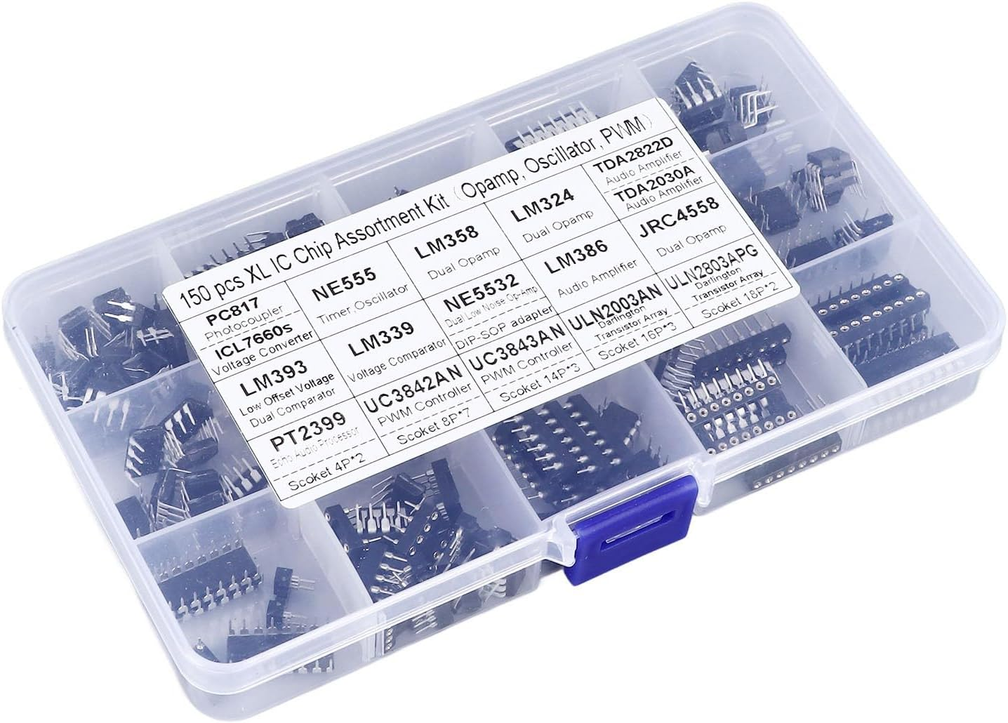 Cryfokt 150 Pcs 10 Types Flat Pin IC Chips Assortment Kit with Store Case for Electronic Equipment Integrated Circuit Chip Assortment Kit