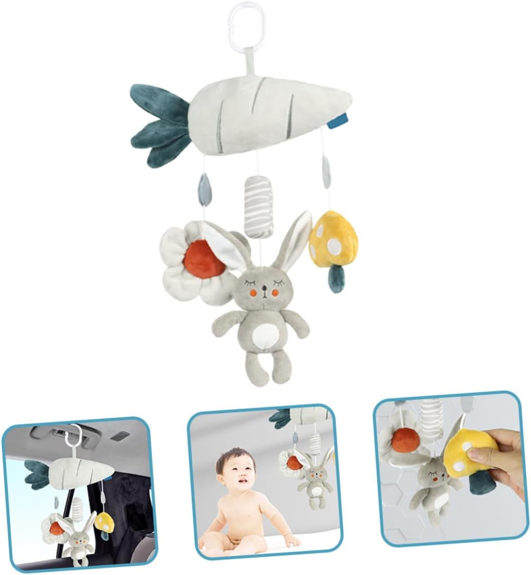 Plush Stroller Hanging Rattle with Built Sound Soft Sensory Crib and Car Seat Activity for Newborns Years Gray Bunny and Carrot Design Travel-Friendly image number 2